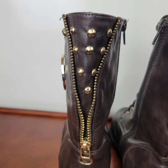 Michael Kors Dark Brown Leather with Gold Detail Lace/Zip Combat Boots Size 6 - Picture 3 of 12